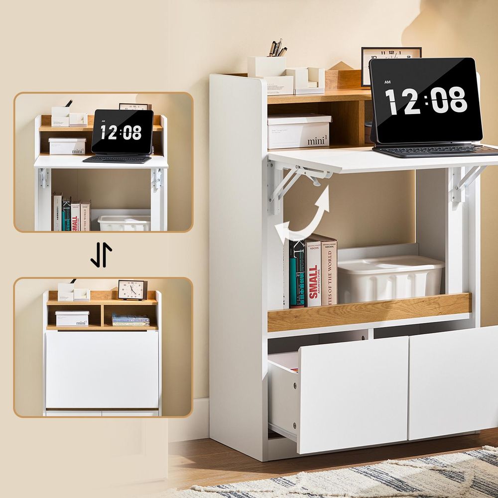 SoBuy Klappbarer Schreibtisch mit Ablagen und 2 Schubladen Gaming Tisch Kleiner Computertisch Arbeitstisch und Bürotisch für Homeoffice FWT109-WN