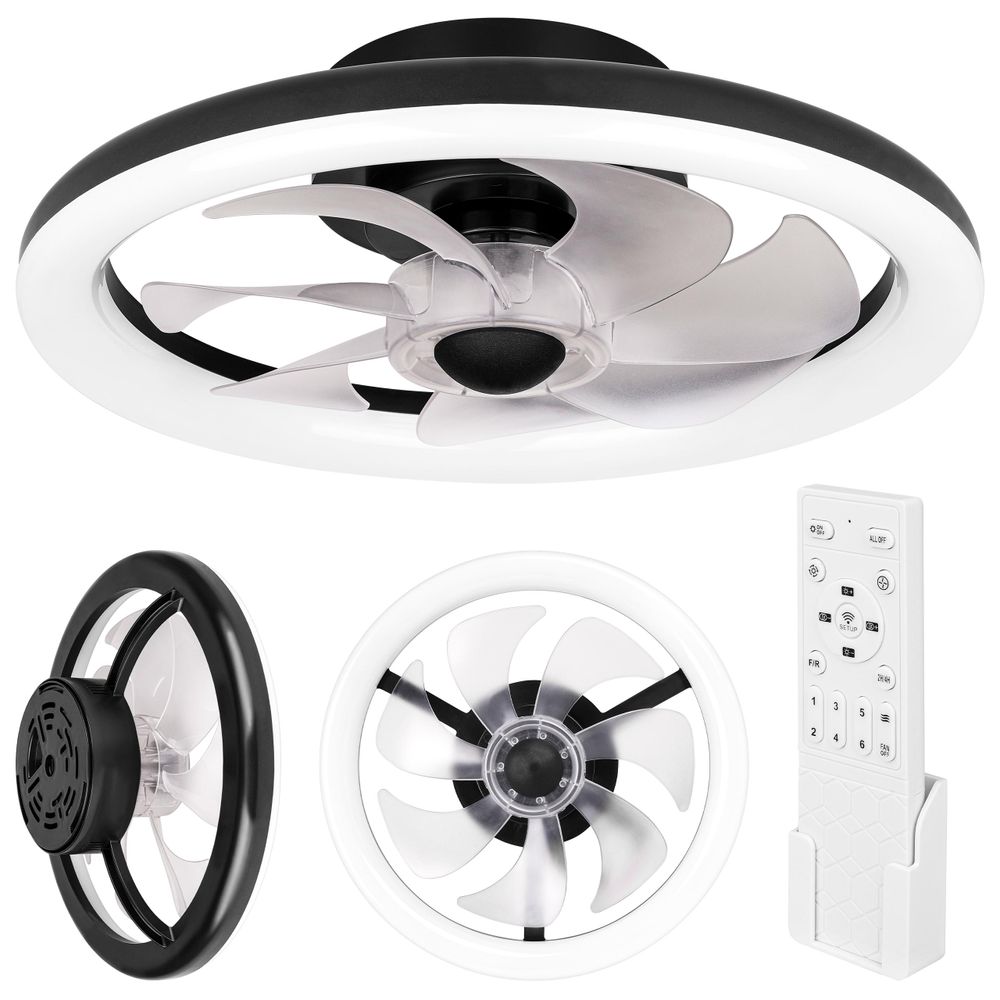 Moderne schwarze Deckenleuchte mit integriertem Ventilator und LED-Ring.