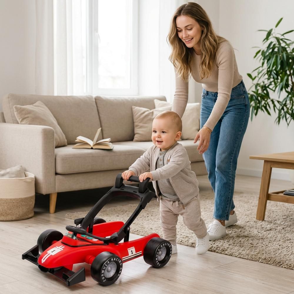 Baby gebruikt Formule 1 als duwwagen onder begeleiding van moeder