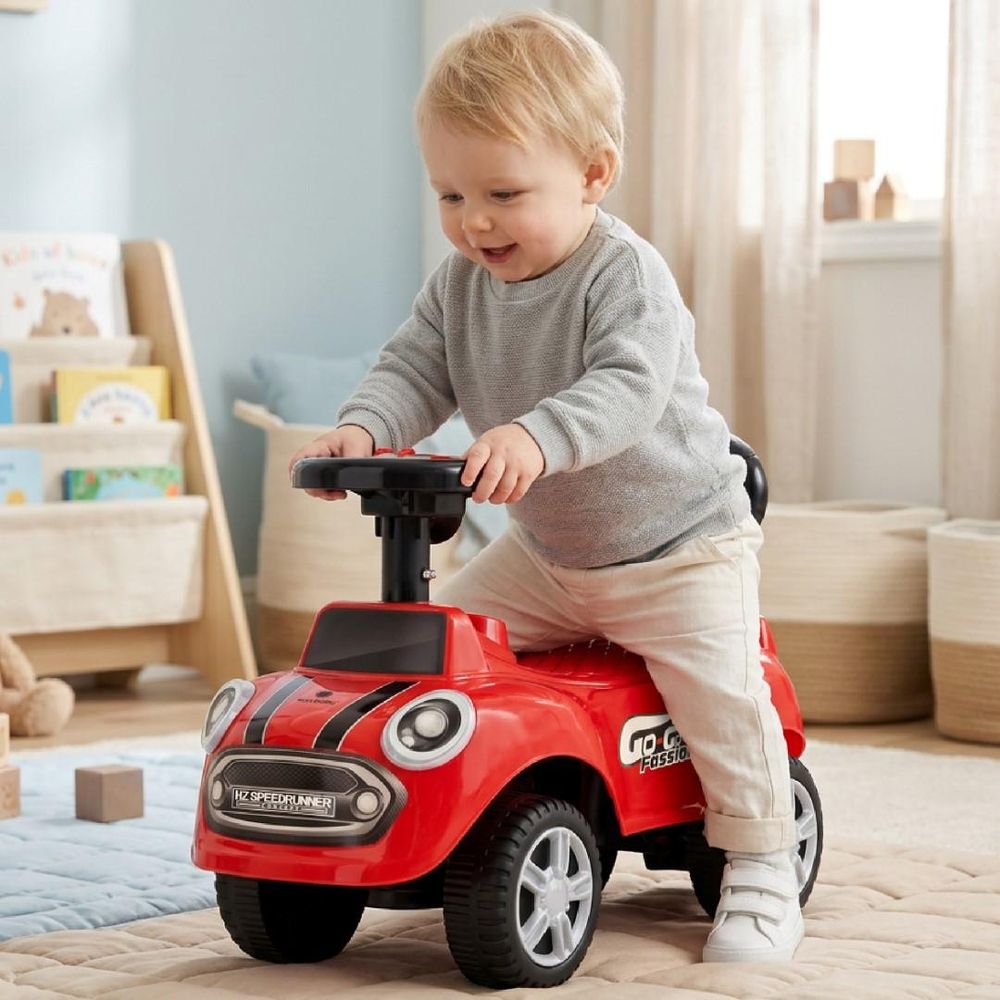 Enfant assis sur le porteur SUN BABY GO GO Fashion rouge, souriant et jouant.