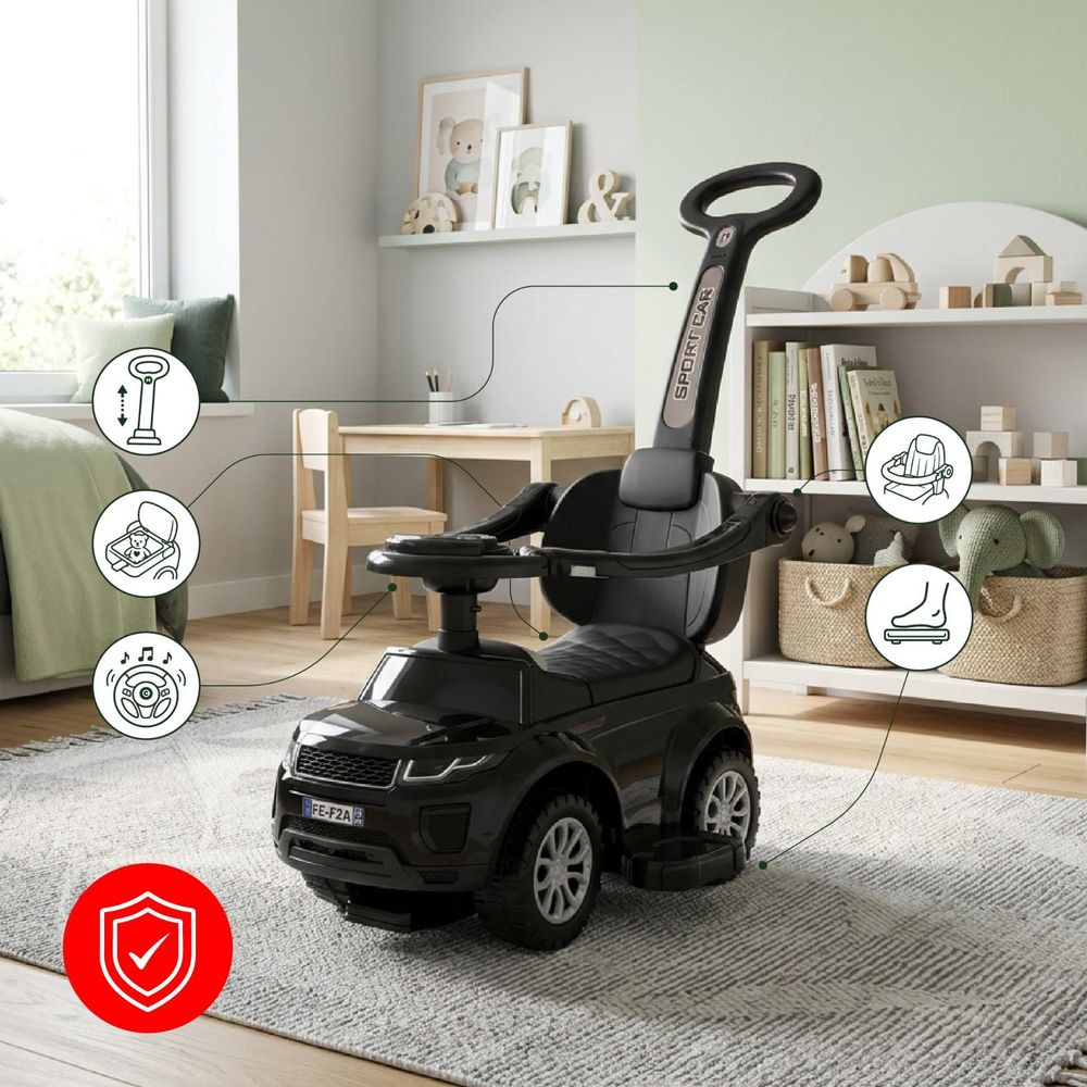 Loopauto met duwstang en beschermbeugel in kinderkamer