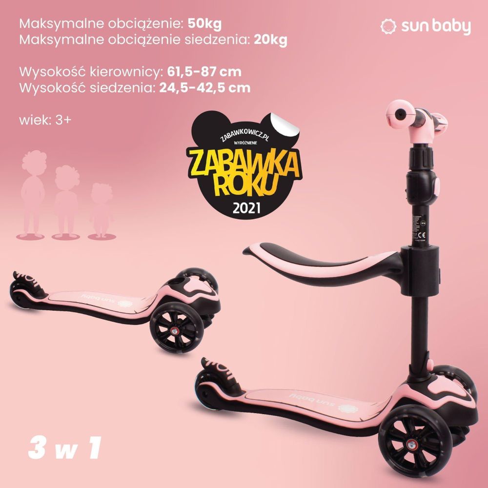 Patinete SUN BABY con indicaciones de alturas y pesos máximos
