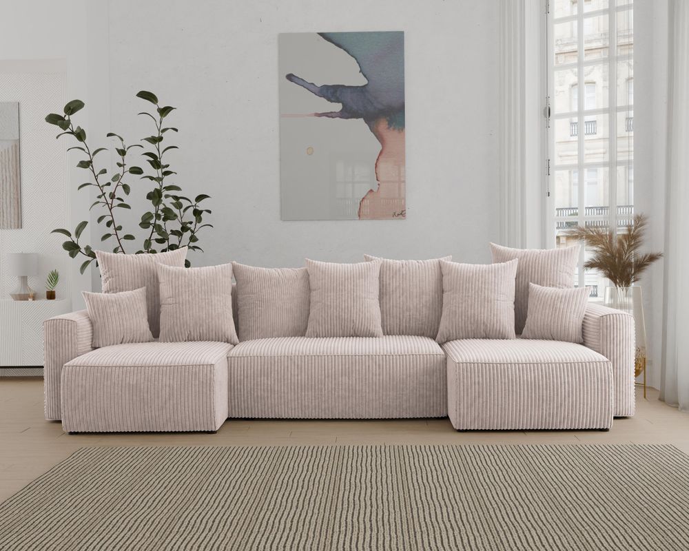 U-Form Sofa ANTONIO DENVER - 312x142x73cm, Wohnzimmersofa mit Schlaffunktion & Bettkästen - Eckarniutur, Couch U-form, Bezug - Cord in Beige