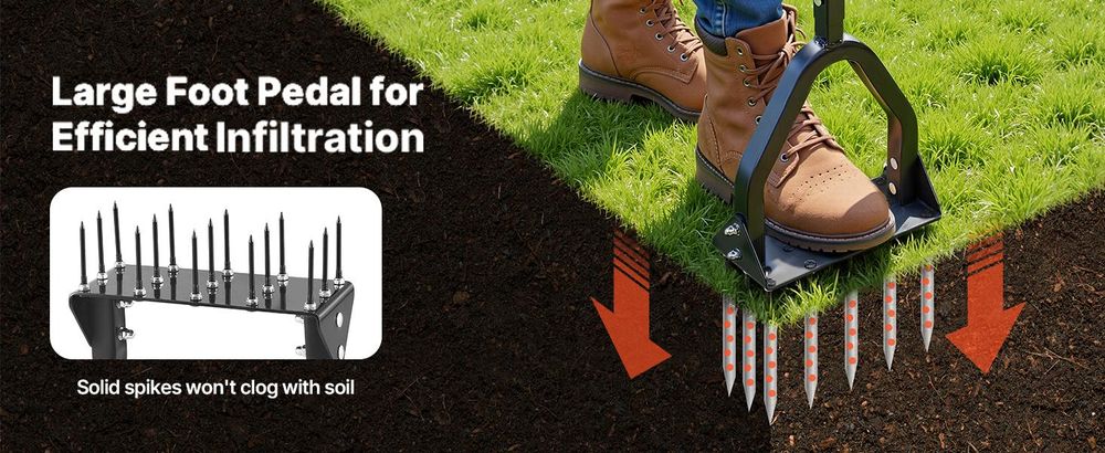 VEVOR Rasenlüfter 23,5 cm Manuell, Aerifizierer für Rasen mit 15 Eisen Spikes Langem T-Griff Breiter Platte, Bodenbelüften Werkzeug Rasenbelüfter für Verdichtete Böden Rasenpflege Hof Garten, Schwarz