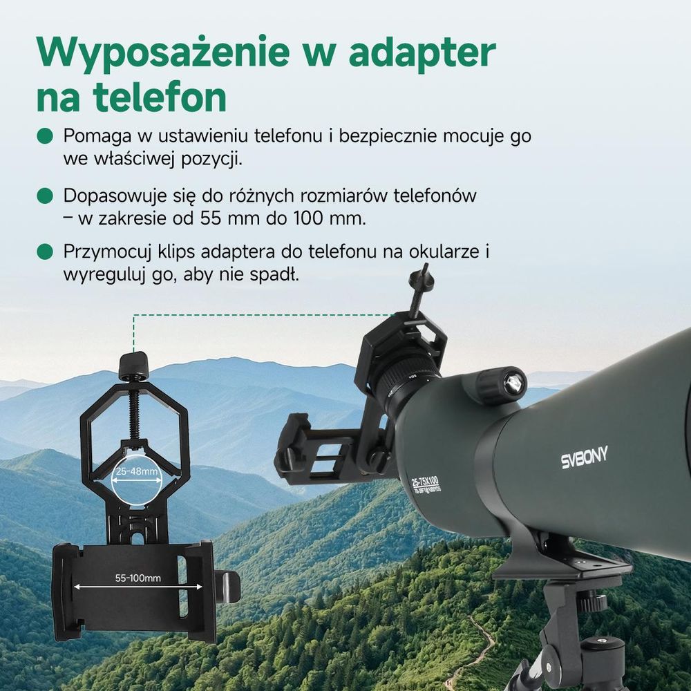 Svbony SV28A 25-75x100 mm Luneta obserwacyjna, Luneta celownicza, duże pole widzenia, pryzmat Porro H-K9L FMC, z adapterem do telefonu komórkowego