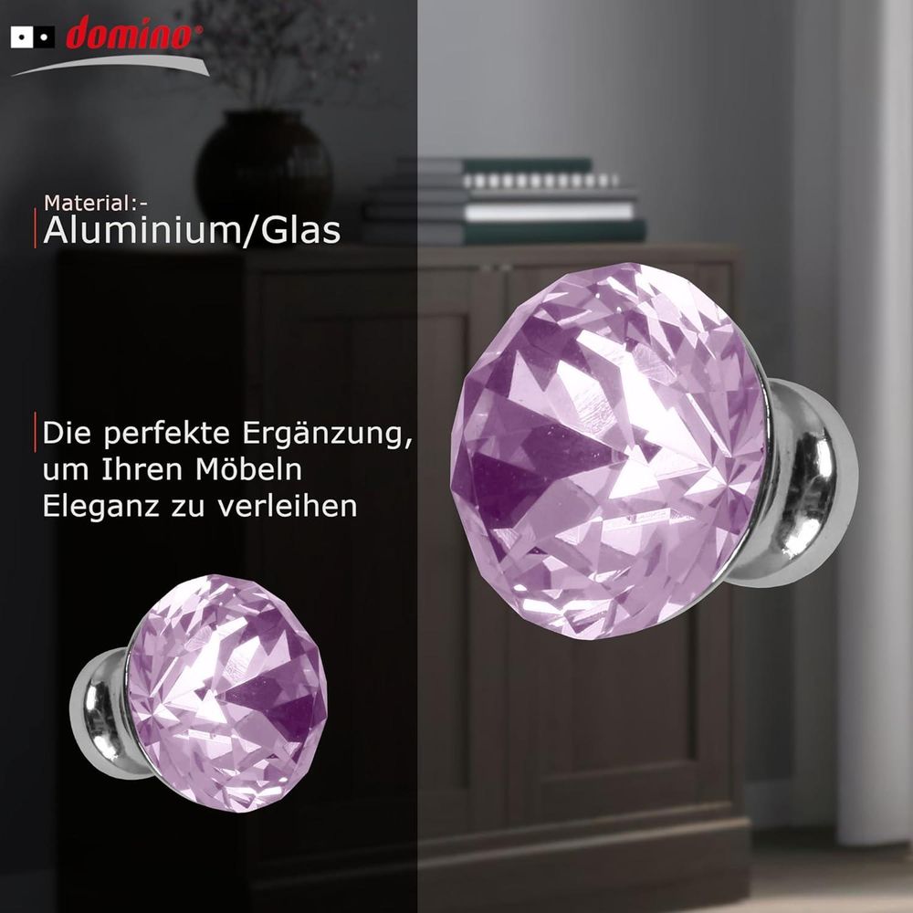 Domino Elegante Crystal A Möbelknopf 30mm in Chrom & Rosa |Kristallknöpfe,  Robustes Glas-Design |Möbelknöpfe | Glamouröser Stil | Perfekt für Schränke und Kommoden
