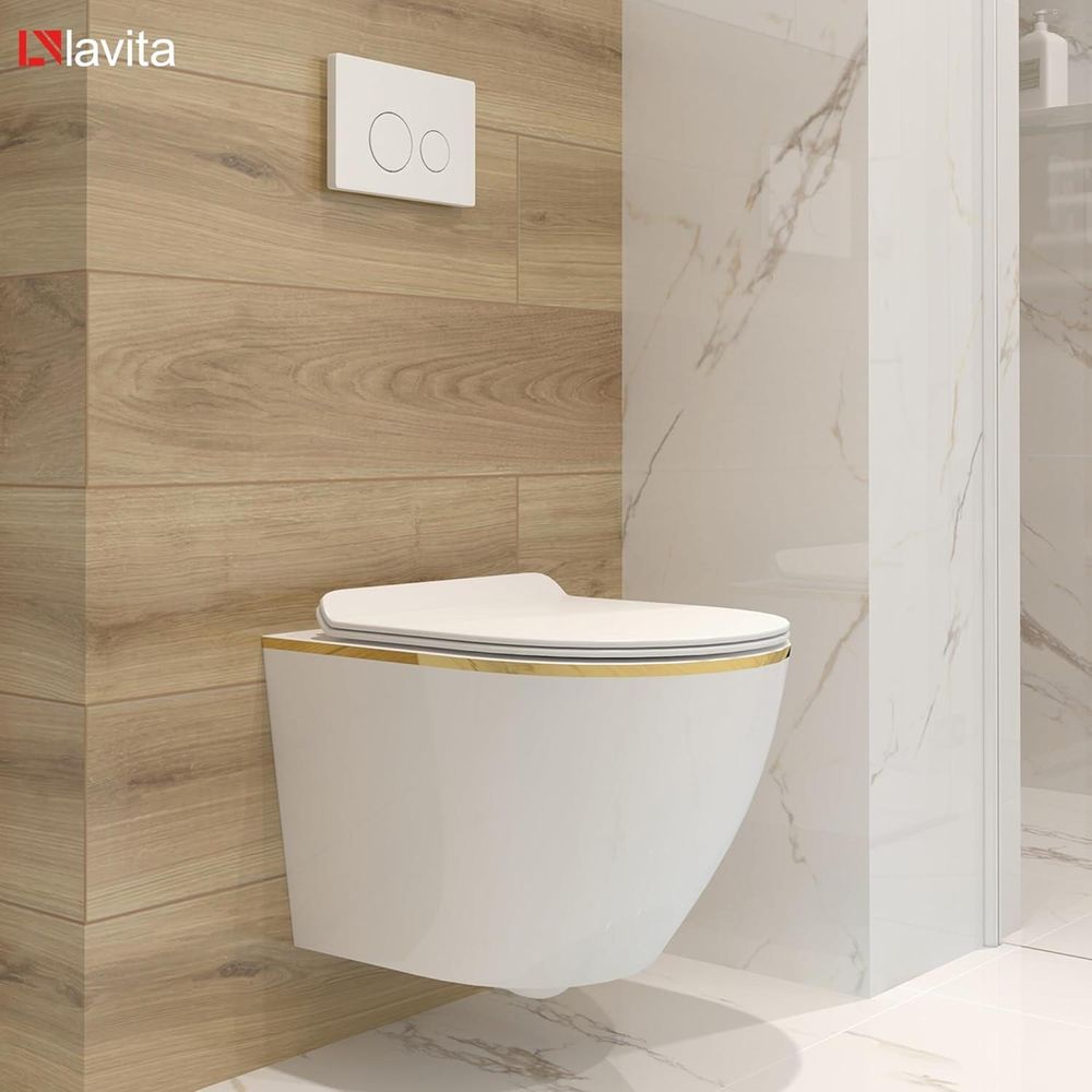 LAVITA Wand-WC Sofi Slim Gold Line|Hänge Toilette |mit Absenkautomatik & Metallscharniere | Toiletten Spülrandlos Hängend| Toilettenbecken | Weiß/Gold