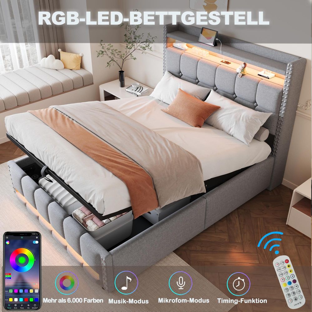 STILVORA Polsterbett 140x200 Doppelbett mit  LED-Beleuchtung,Stauraumbett mit USB-Steckdose und Bettkasten/Kopfteil Stauraum,Hellgrau (Ohne Matratze)