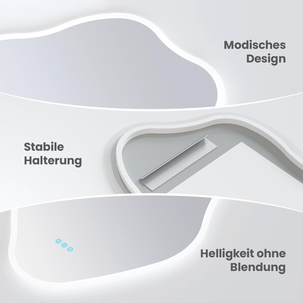 Asymmetrischer LED Badspiegel mit Beleuchtung und Anti-Beschlag 90x60 cm – Unregelmäßiger Deko-Wandspiegel mit Touch-Schalter 3 dimmbaren Lichtfarben