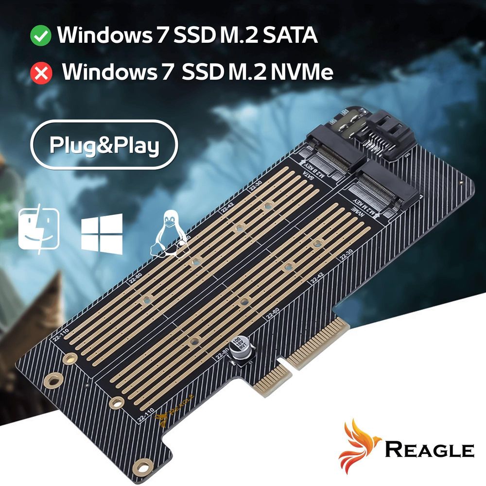 M.2 NVMe SATA SSD PCIe Erweiterungskarte Adapter 2in1 64Gbps für 2 Laufwerke gleichzeitig PCIe 4.0 Unterstützung 22110 2280 Windows Mac Linux Reagle