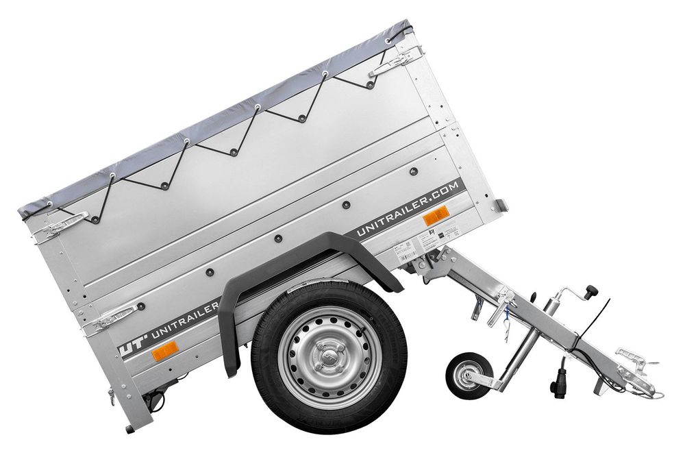 Pkw Anhänger GARDEN TRAILER 150 KIPP mit zusätzlichen Bordwänden, Stützrad und grauer Flachplane
