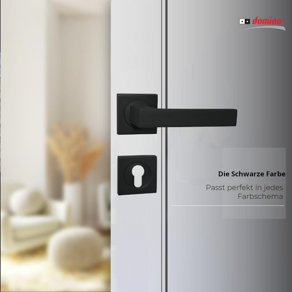 DOMINO Türgriff Drückergarnitur PZ - Profilzylinder Set | mit quadratischen PZ Rosetten| Türklinke für Zimmertür, Bürotür, Kellertür & Innentür| Türbeschläge aus Aluminium| Schwarz Türdrückergarnitur | QUBIK-QR BLACK