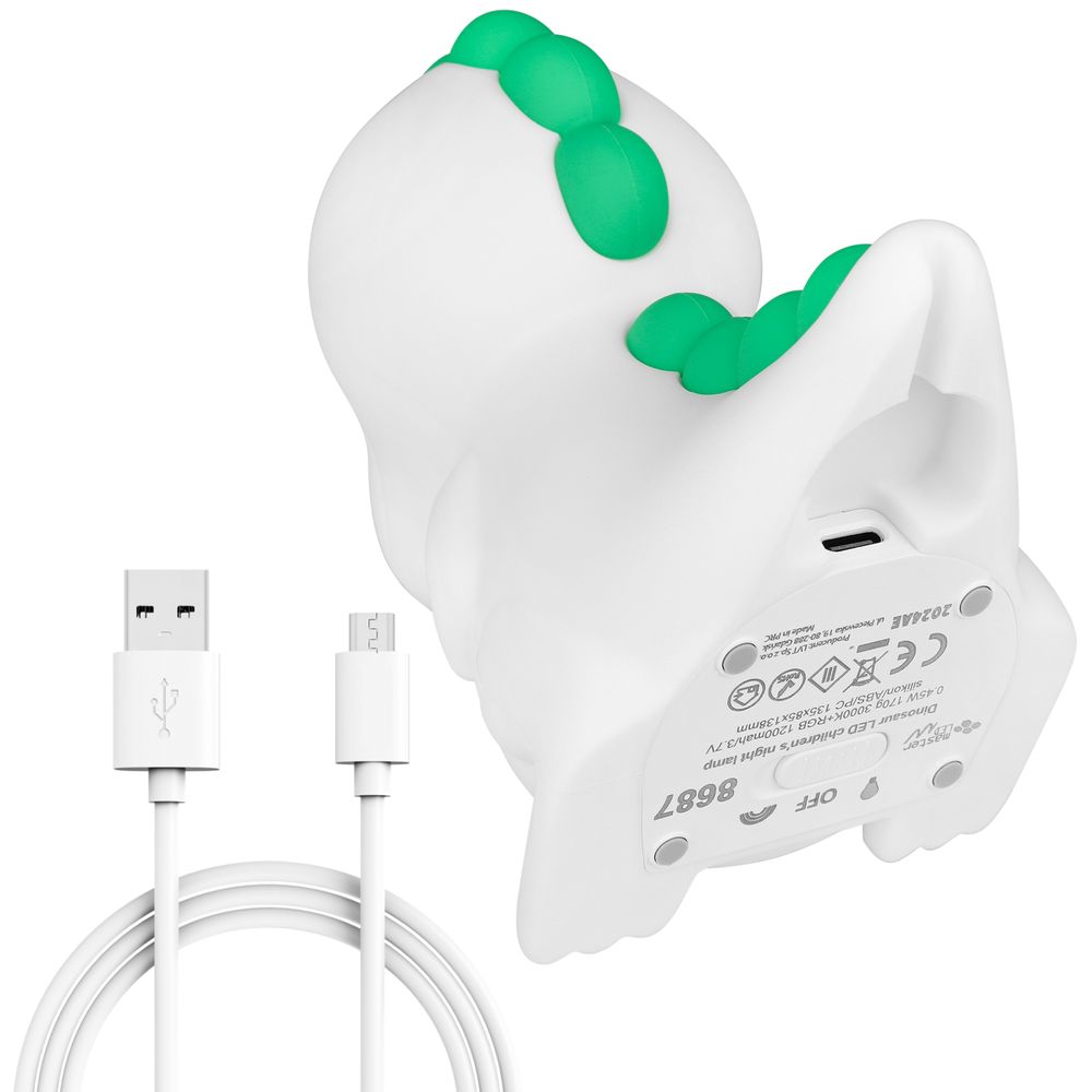Unteransicht der weißen Masterled LED Dinolampe mit USB-Anschluss.