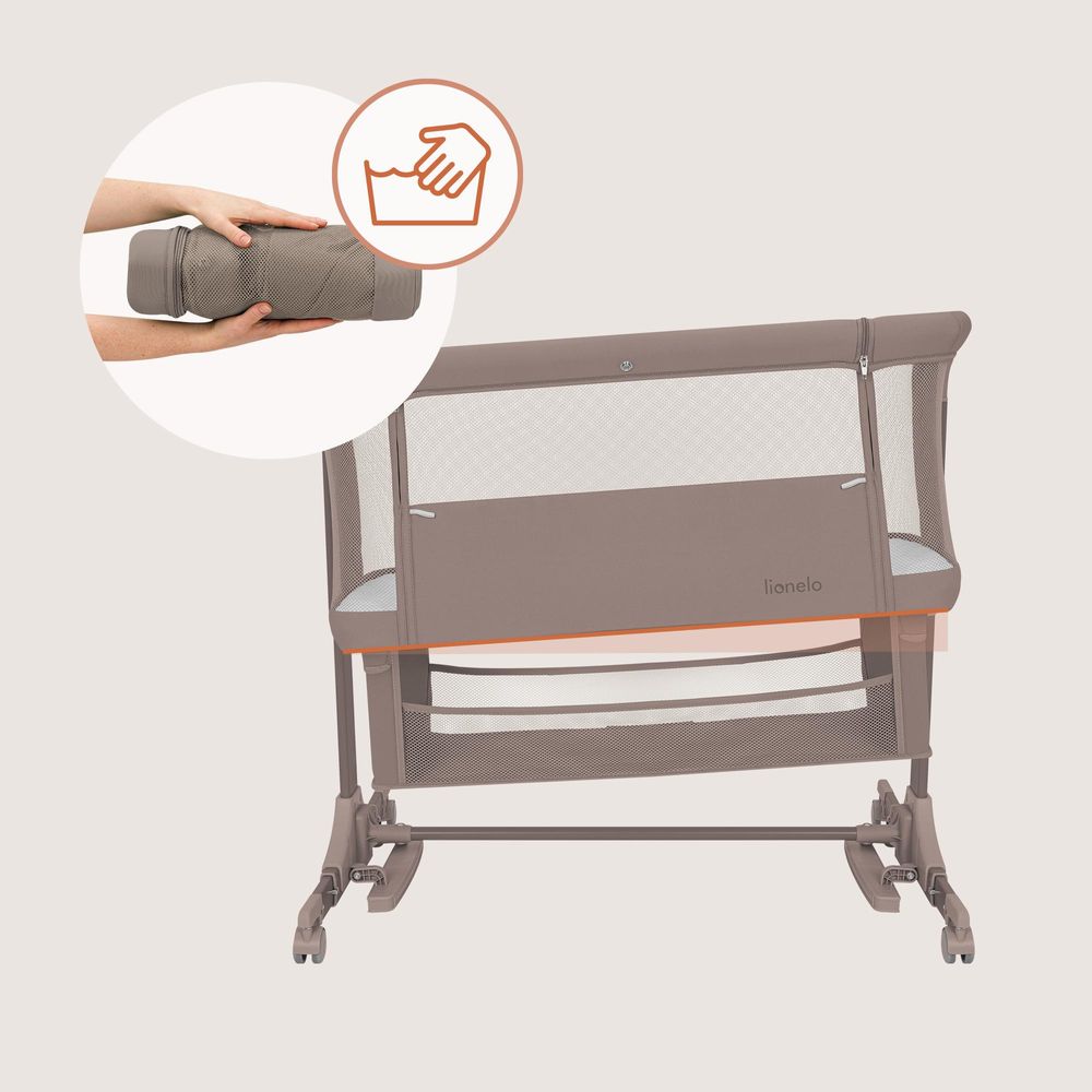 Lionelo Jodie 3in1 Baby Beistellbett Wiege Babybett Höhenverstellbar Matratze Moskitonetz - Beige Taupe