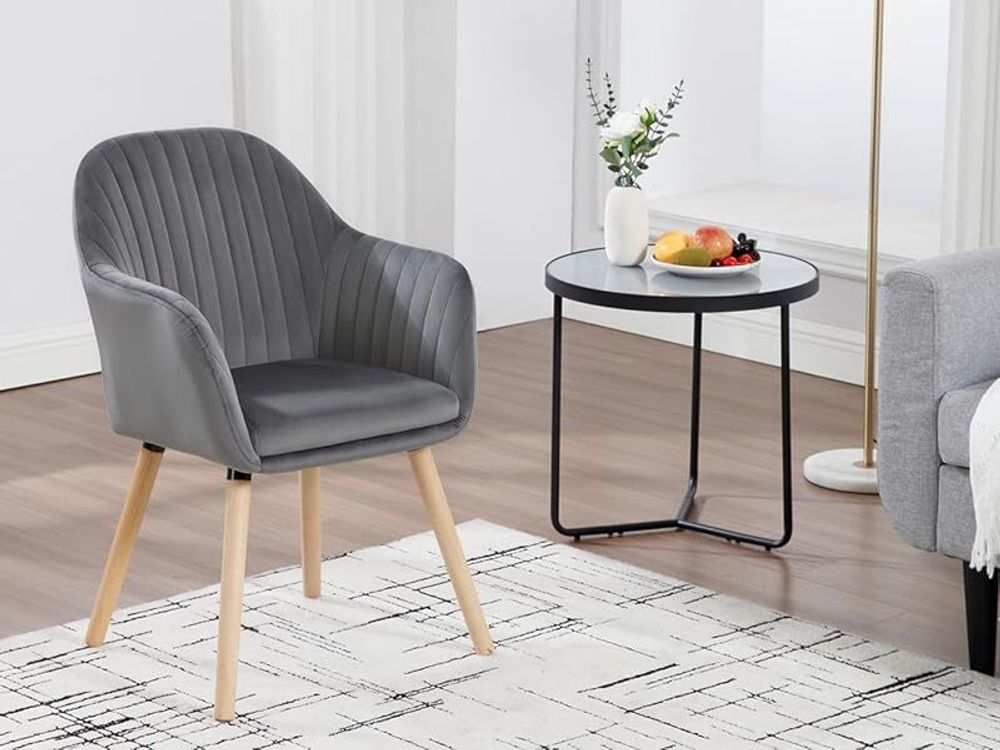 WOLTU 6X Esszimmerstühle Küchenstuhl Wohnzimmerstuhl Design Stuhl Polsterstuhl mit Armlehne Samt Massivholz Schwarze Beine Dunkelgrau