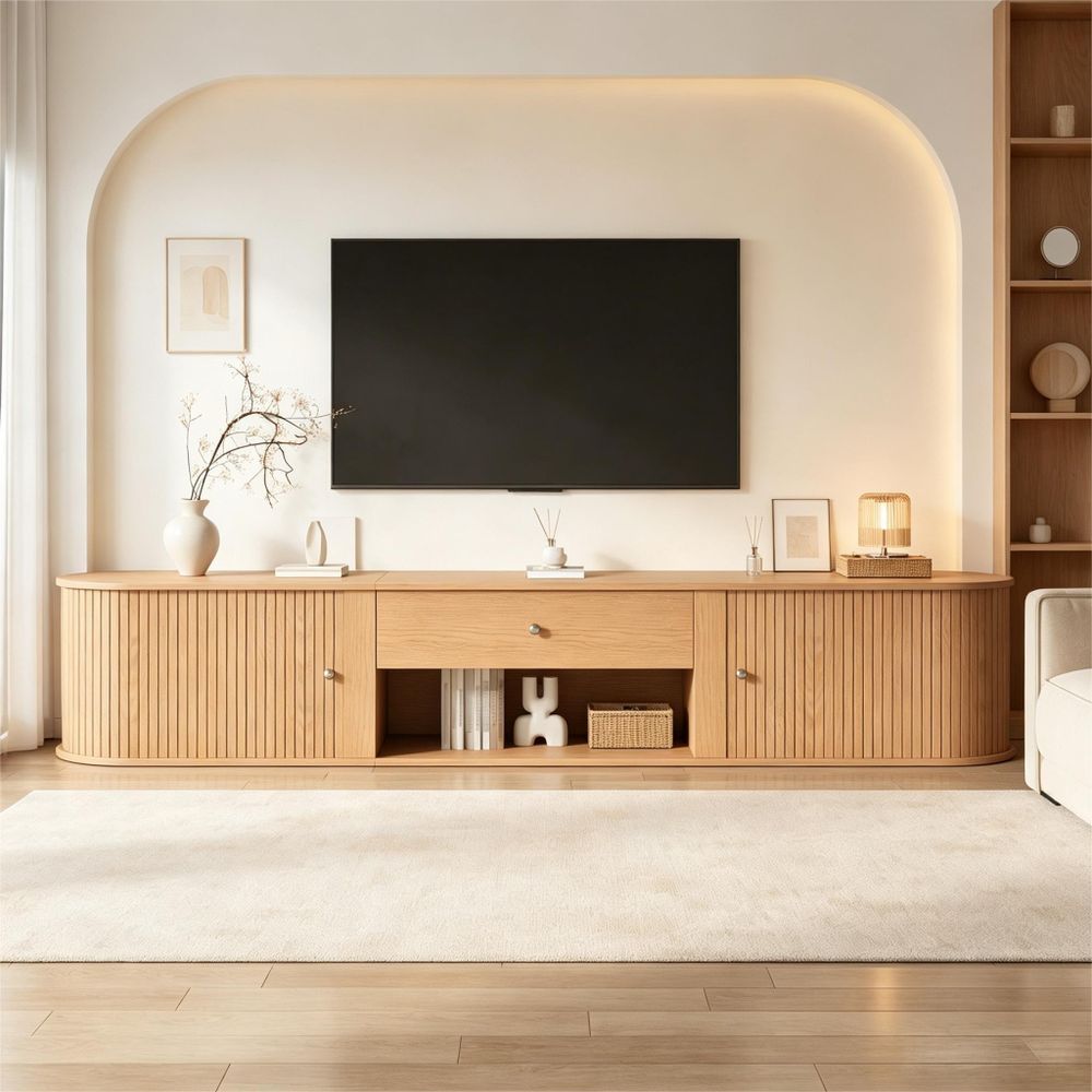 Merax TV Lowboard Fernsehtisch mit 2 Rolltüren und 1 Schublade, 180cm TV-Schrank mit Runddesign, TV Board für 75 Zoll Fernseher, Natur Optik