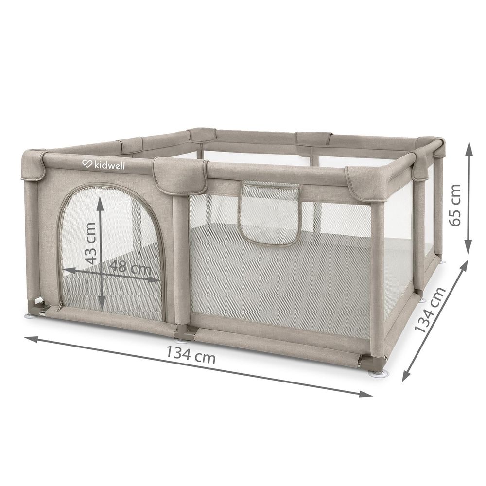 Kidwel FANKO Beige 130x130 cm Baby Laufstall, Laufgitter Baby Krabbelgitter für Kleinkinder mit Atmungsaktivem Netz, Reißverschluss, Tasche, Beige