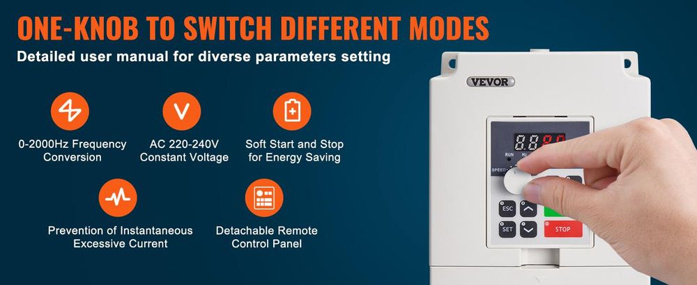 VEVOR VFD 10HP, 7,5KW, 35A, 1 oder 3 Phasen 220V Eingang zu 3 Phasen 220V Ausgang Frequenzumrichter, 40-60Hz Eingang, 0-400Hz Ausgang VFD für Spindelmotor CNC Geschwindigkeitsregelung, 4kw, 220 V-d