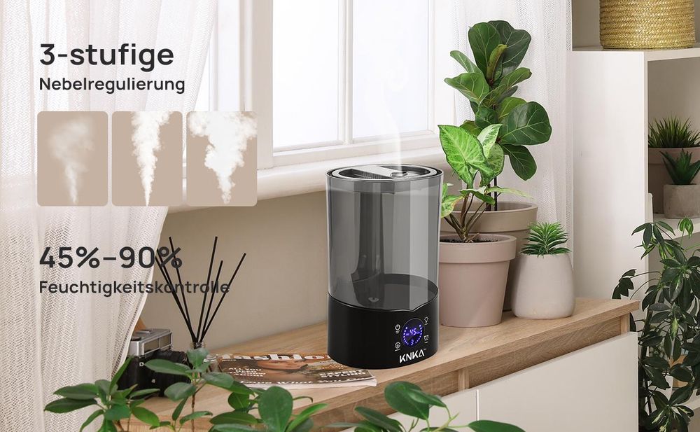 KNKA Luftbefeuchter Schlafzimmer, 4L Top-Fill Humidifier bis zu 30H, BPA-Frei, 30dB Leise Klein Raumluftbefeuchter für Kinderzimmer, Pflanzen, Schwarz
