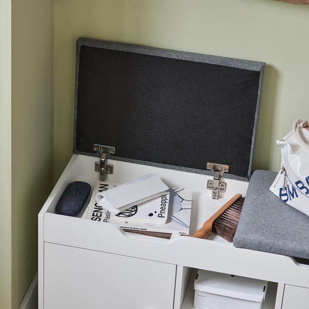 SoBuy Schuhbank Sitzbank mit Stauraum, Gepolstert, Weiß, Schuhregal Platzsparend, Belastbar bis 150kg, Für Flur, Wohnzimmer, Schlafzimmer FSR96-W
