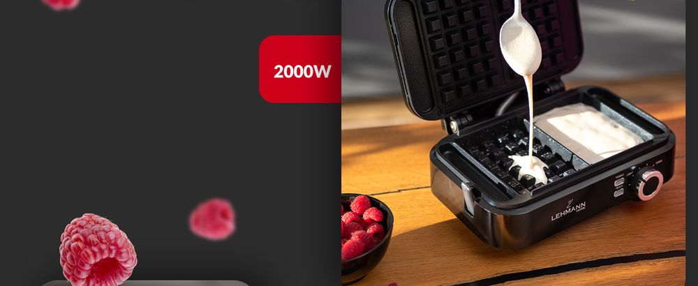 Gofrownica LEHMANN CRISP 2000W na dwa duże gofry, regulacja temperatury, mocna niewyciekająca, chrupiace gofry w 4 min
