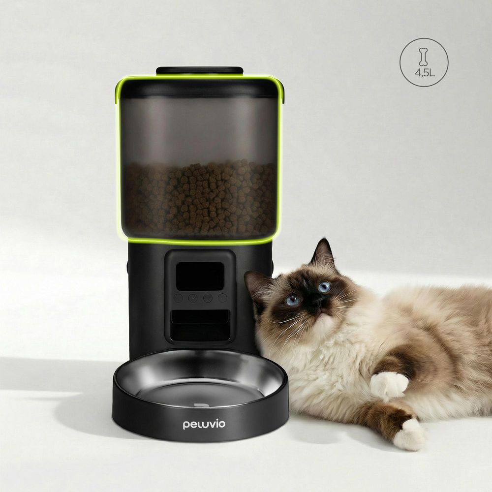Automatischer Katzenfutterspender Peluvio Crispy 4,5 l – 4 Mahlzeiten, LCD, Edelstahlnapf, Batteriebetrieb - Schwarz