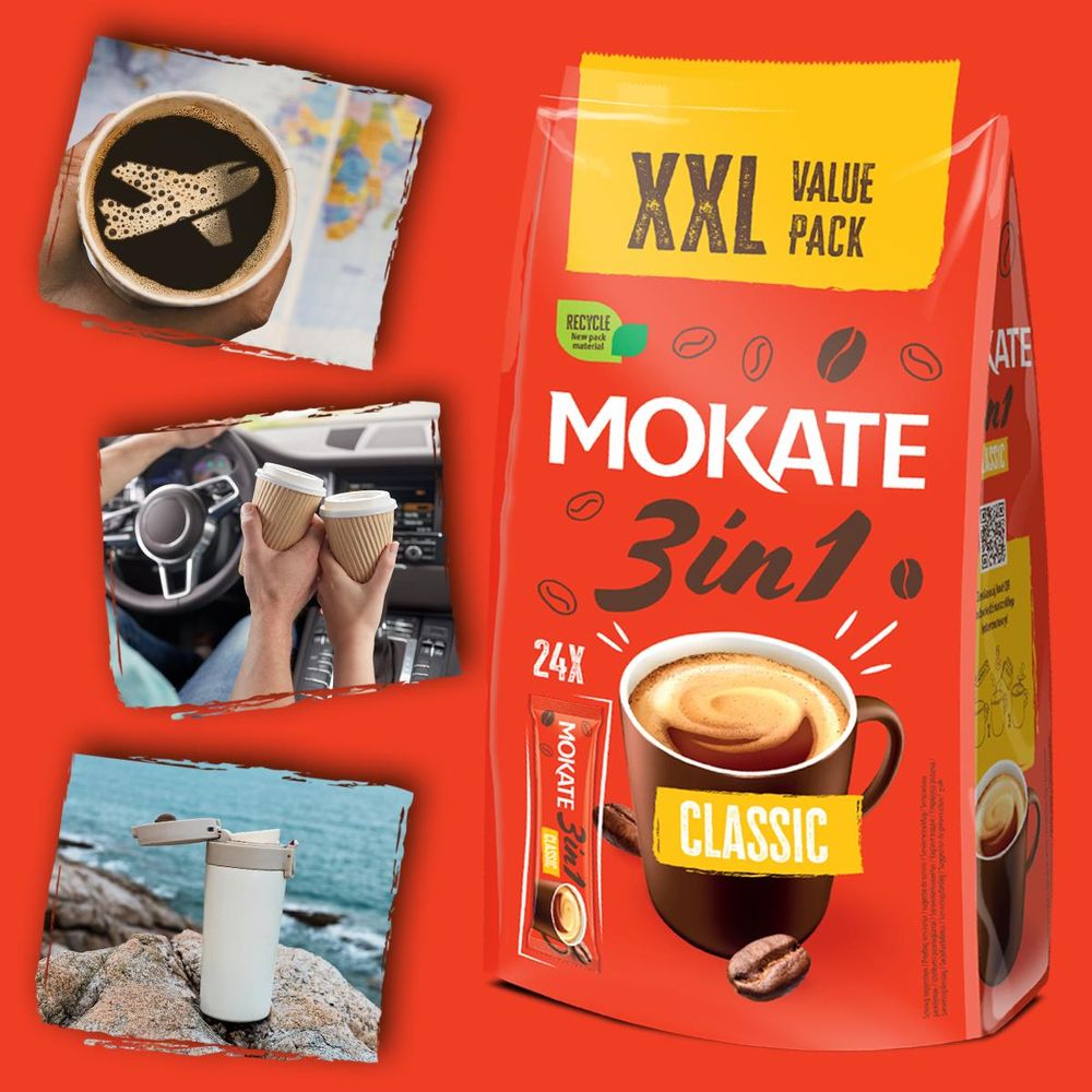 Mokate 3w1 Classic XXL - Kawa Rozpuszczalna z Cukrem i Mlekiem Mix Kawowy 24 Saszetki