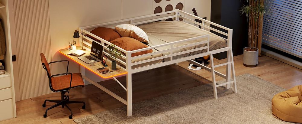 Merax Kinderbetten Halbhohes Bett 140x200cm mit Seite Schreibtisch, Leiter, LED-Beleuchtung, Geländer, Hausbett Design Metallbett, Jugendbett, Weiß