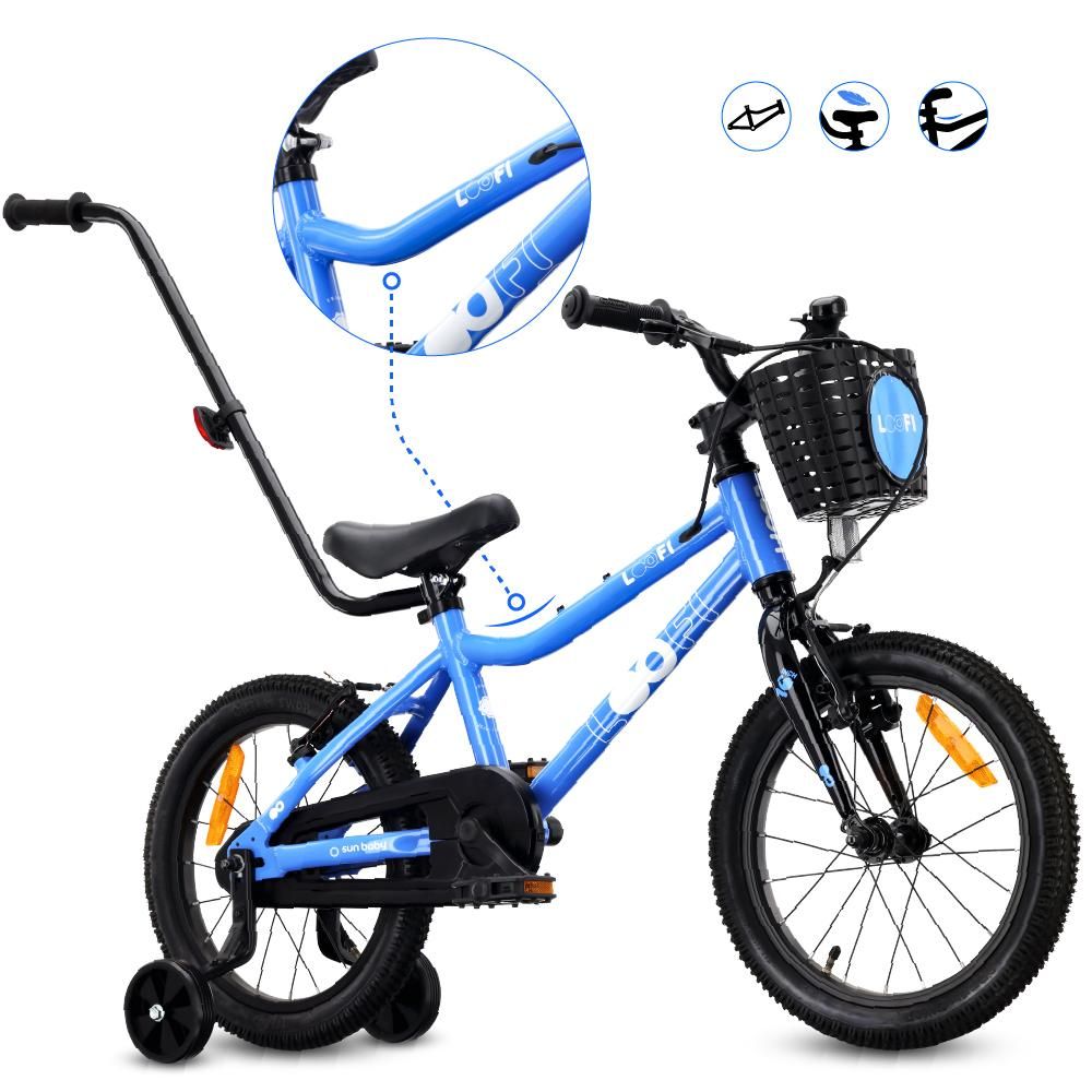 Vélo pour enfants SUN BABY LOOFI 16 pouces, vélo léger en aluminium de 6,9 kg pour les enfants à partir de 4 ans, avec roues stabilisatrices, panier et sonnette, pour garçons et filles