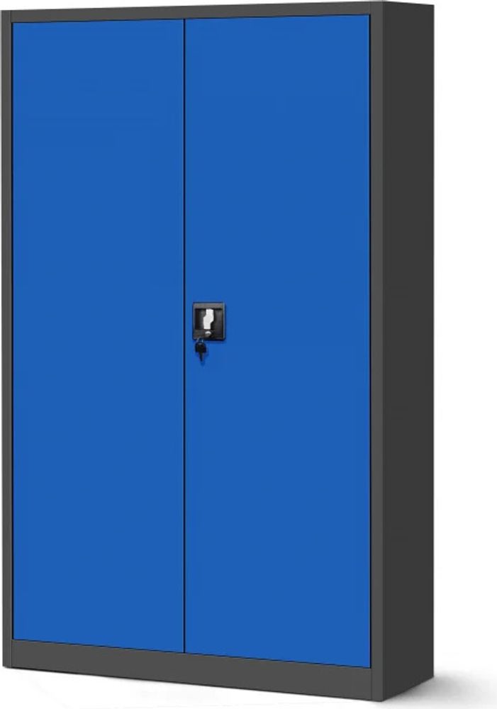 Büroschrank Aktenschrank XXL Metallschrank Flügeltüren Stahlblech Pulverbeschichtung 185 cm x 115 cm x 40 cm Farbe: Anthrazit-blau