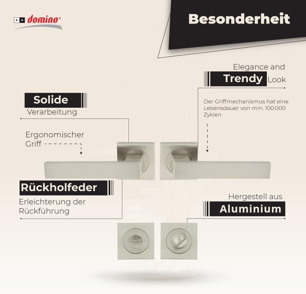 DOMINO Türgriff Drückergarnitur WC - Badezimmer Set | mit quadratischen Rosetten | für Badezimmertüren | Set WC - Rosetten-Garnitur | Türbeschläge aus Aluminium |Nickel Türdrückergarnitur | QUBIK-QR M9