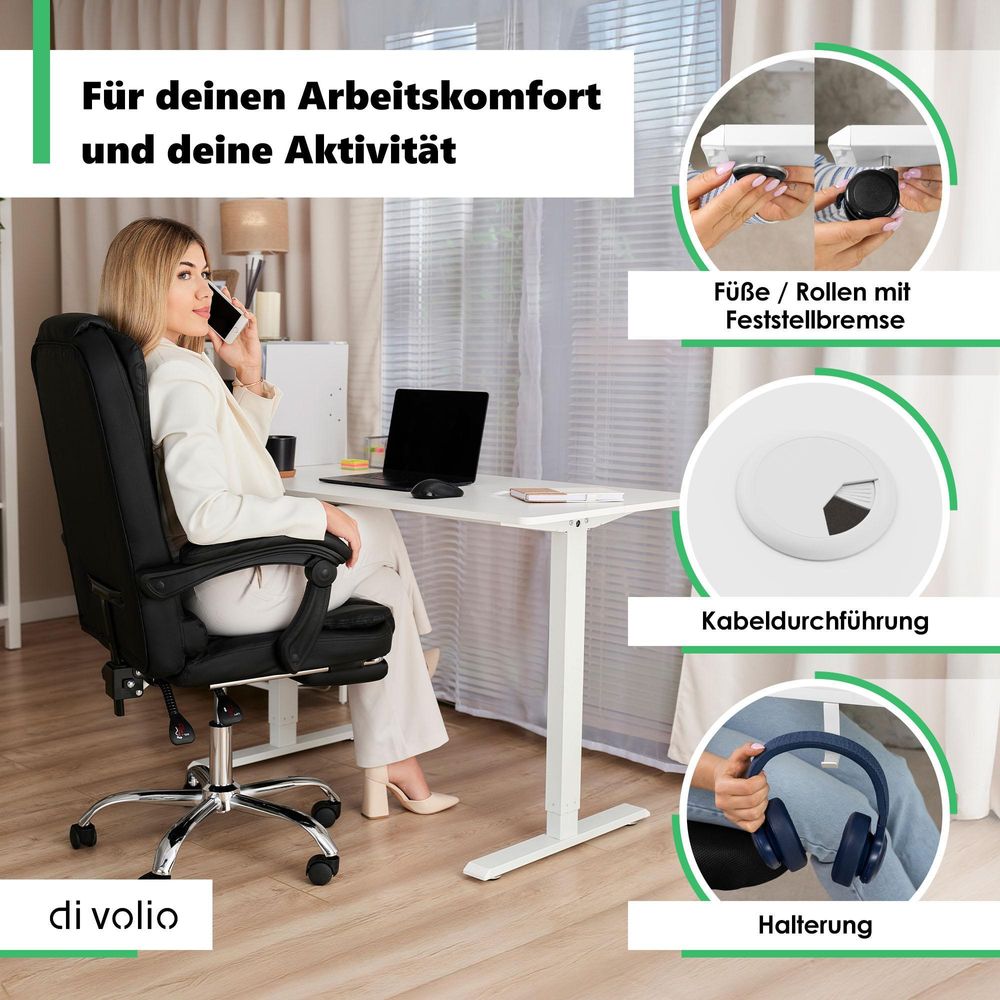 di volio Höhenverstellbarer Schreibtisch Rapalo - weiß, 140 x 80 cm, Computertisch fürs Home-Office, elektrischer Bürotisch bis 80 kg belastbar