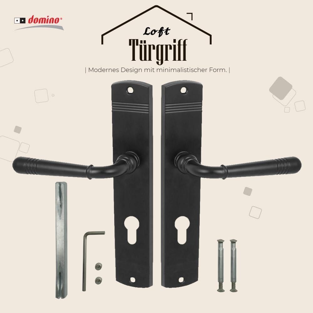 DOMINO Türgriff 72 Drückergarnitur PZ-Profilzylinder Set | Türklinke für Zimmertür, Bürotür, Kellertür & Innentür | L-Form | Znal |Schwarz| LOFT Black