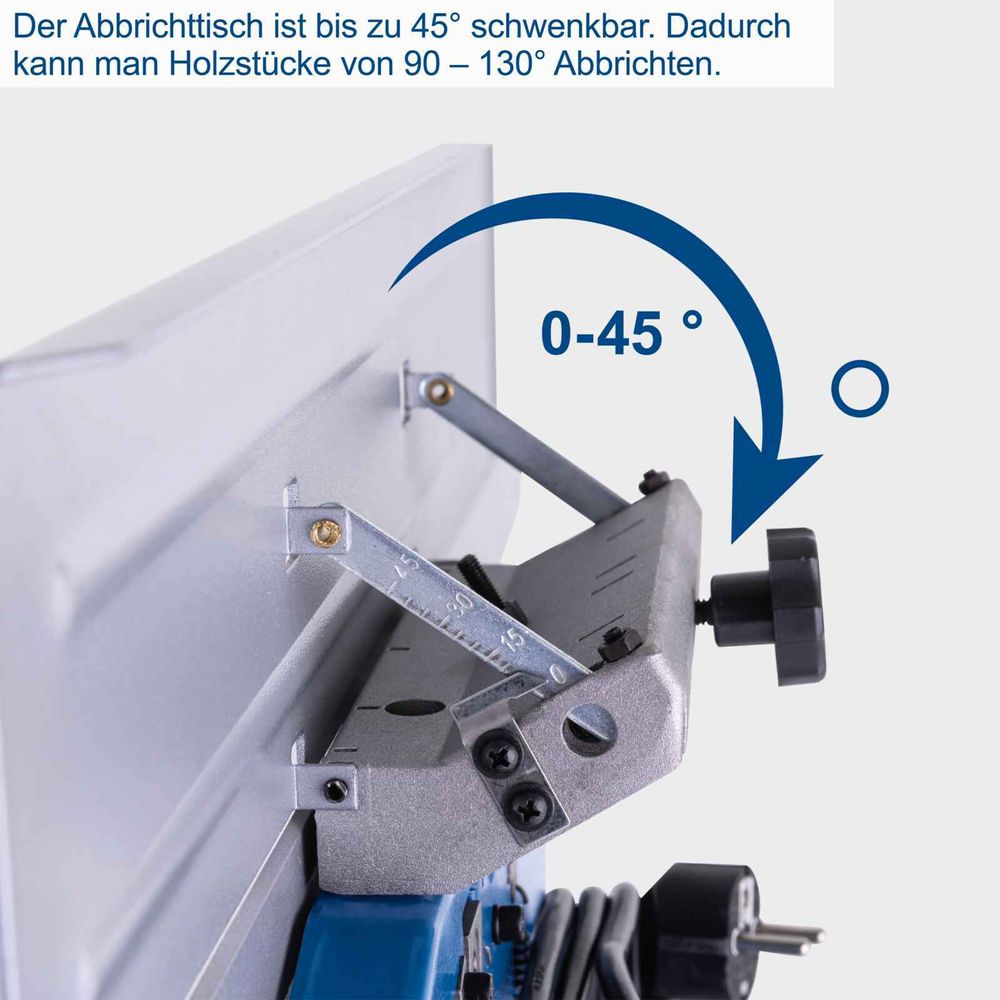 Das Bild zeigt den schwenkbaren Abrichttisch in einer Detailaufnahme.