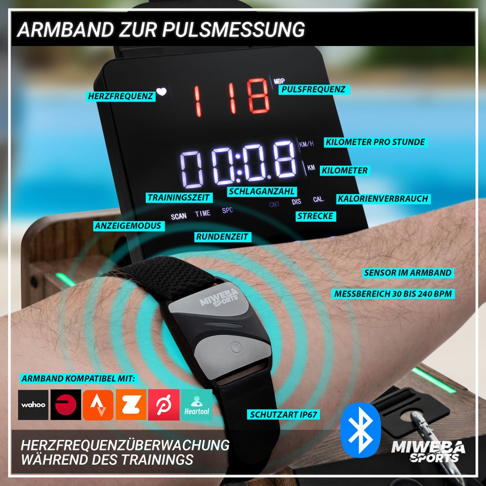 Miweba Sports Wasser-Rudergerät MR700 Pro | Holzrudergerät - Rudermaschine - App Steuerung - LED Display - Tablet Halterung - klappbar (Esche Grau)