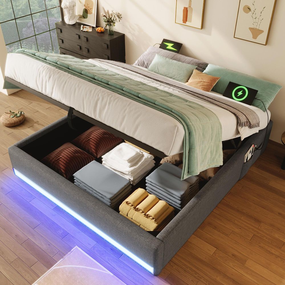 STILVORA 140×200 Polsterbett mit USB und Typ-C Ladeanschluss,Jugendbett mit LED-Licht und Aufbewahrungstaschen,Stauraumbett ohne Kopfteil mit Lattenrost,ohne Matratze,Grau