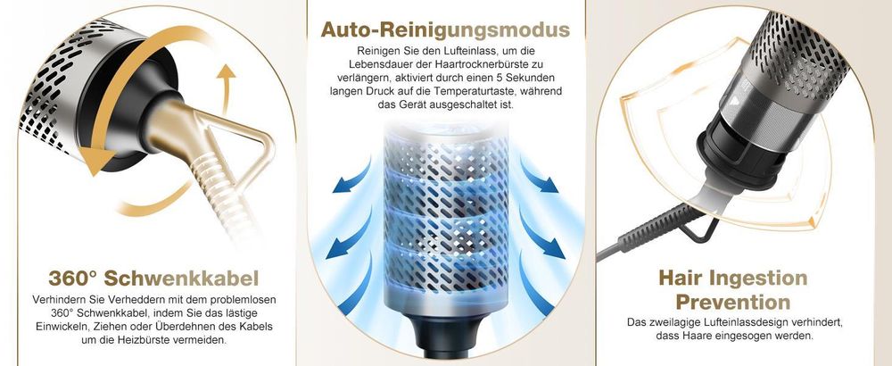 MCURO 6-in-1 Warmluftbürste mit 6 Aufsätzen,Airflow Lockenstab, Föhn & Negativ-Ionen Haarstyler für Glätten,Volumen & Locken,inkl. Aufbewahrungstasche