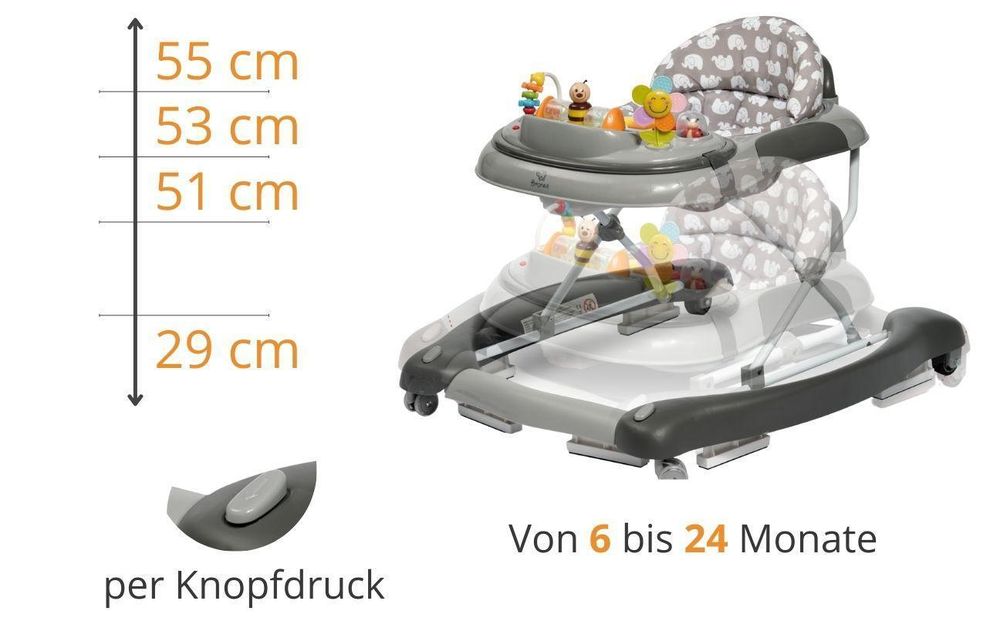 BRONEA® 4-in-1 Gehfrei Baby Lauflernwagen Schaukel Lauflernhilfe Babywalker mit Schaukelfunktion, Licht & Musik | Höhenverstellbar & Klappbar - Grau