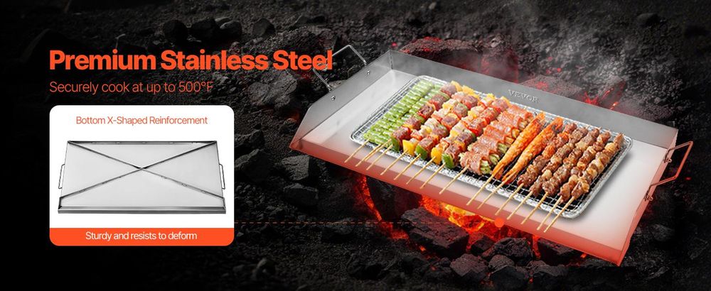 VEVOR Grillplatte Grillpfanne Edelstahl universelle rechteckige Platte (809 x 370 mm) mit flacher Oberseite, Gasgrill-Grillplatte für BBQ-Grill Teppanyaki, tragbares Familienkochgeschirr mit Griff