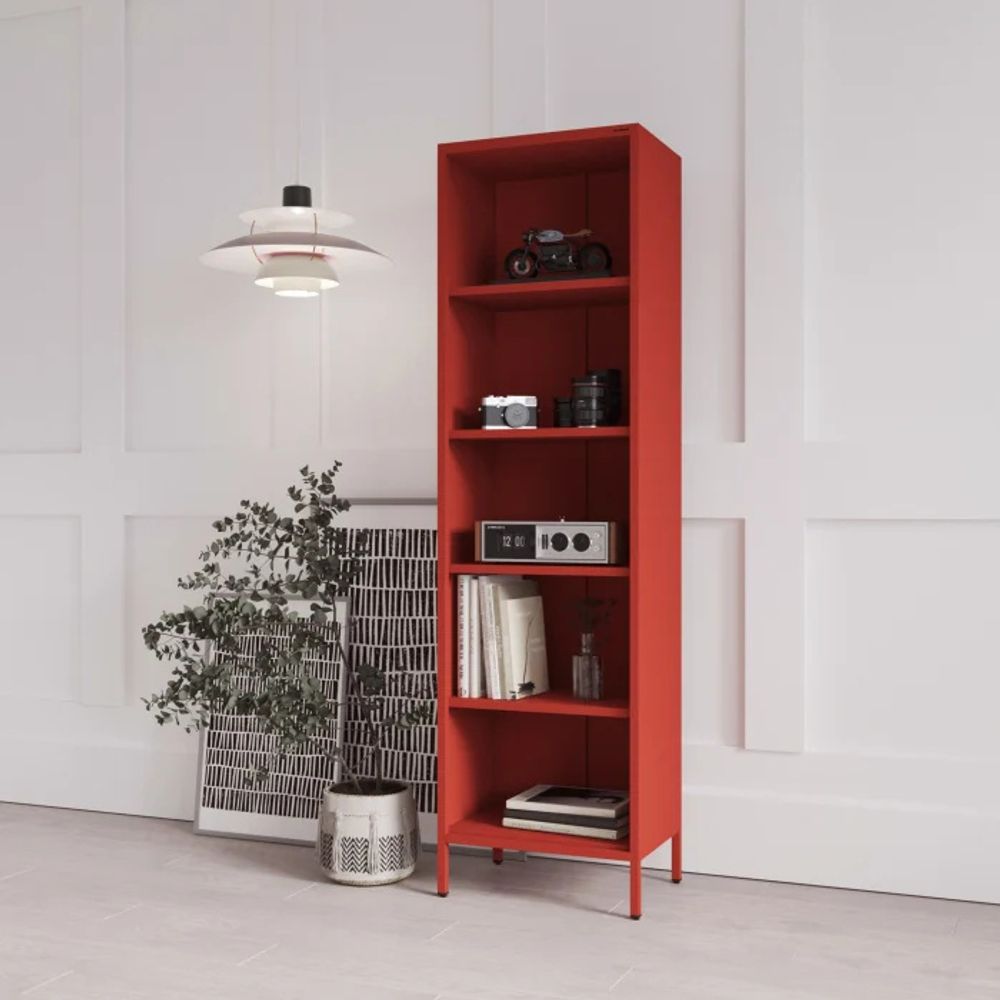 Jan Nowak Bücherregal Mario 4 höhenverstellbaren Einlegeböden (4x30 kg) und Wandmontage Metall Hochregal, 50 x 180 x 35 cm, Rot