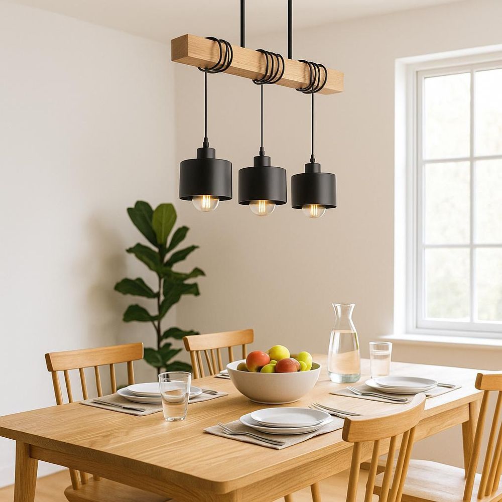 MasterLED Hängelampe 3-flammig E27 Loft design – Echtholz Eiche – Schwarz – Industrial Deckenleuchte für Esszimmertisch