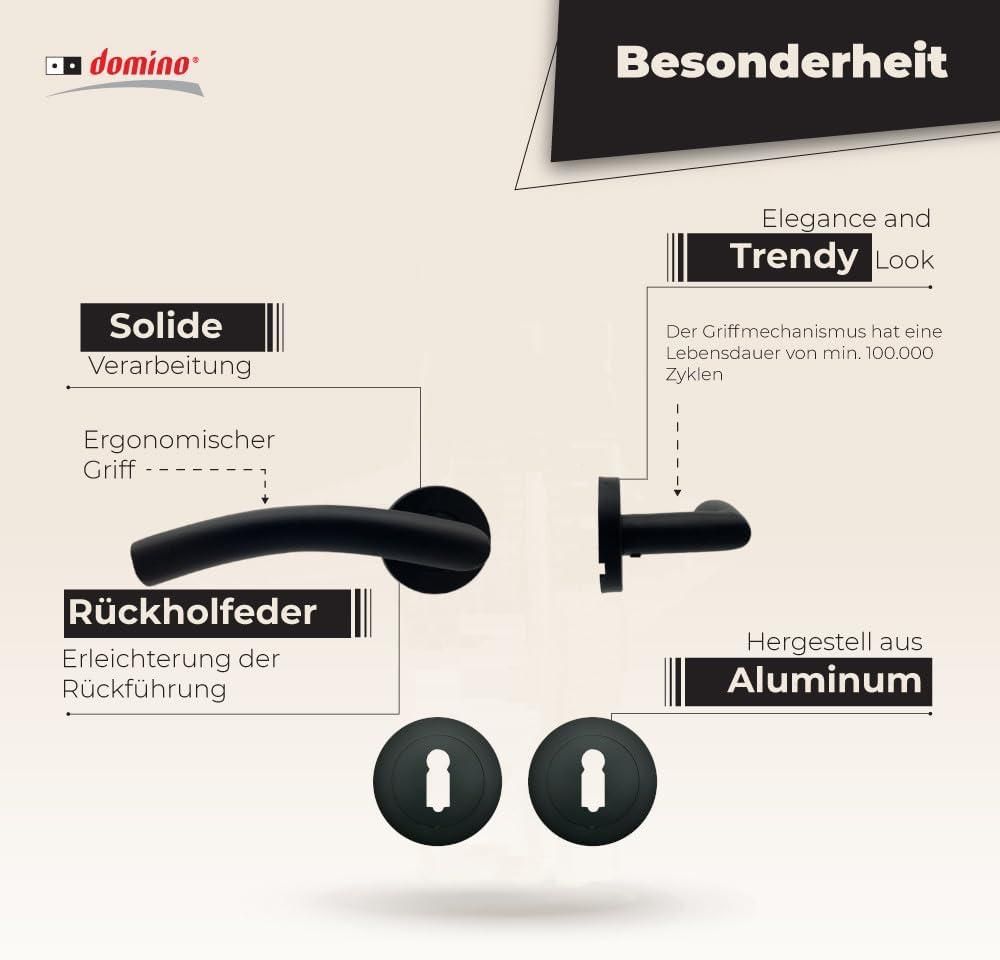 DOMINO Türgriff | BB-Buntbart | Drückergarnitur für Zimmertüren Türdrücker-Set | Rosetten-Garnitur Türbeschläge | Runde Rosette | Znal | PRADO-R BLACK