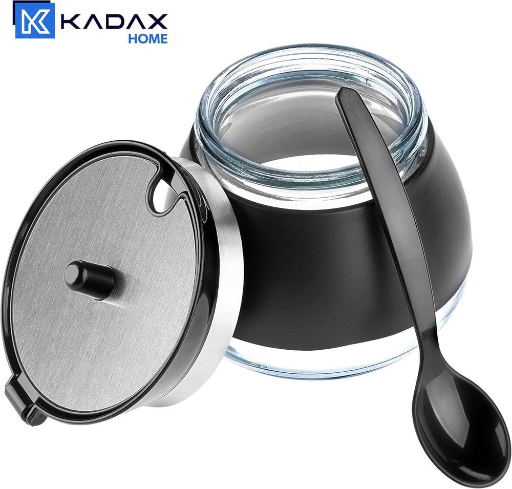 KADAX Zuckerdose "Lerin", Zuckerdosen & Zuckerstreuer, Zuckerschale aus Glas, Zuckerschüssel mit ergonomischem Deckel, Schwarz Glasbehälter für Zucker,