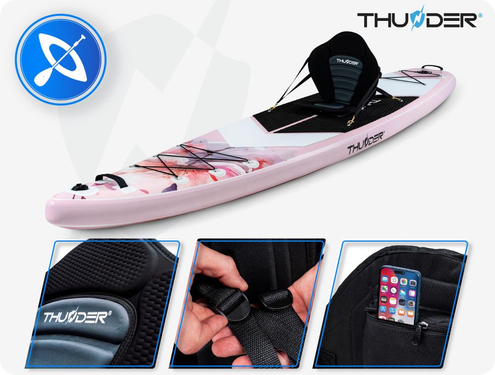 THUNDER® | ROSEA 365 | Aufblasbares SUP-Board | 365 cm | 2-in-1 Kajakfunktion | Komplettset mit Rucksack | 15 PSI | Max. Benutzergewicht 150 kg