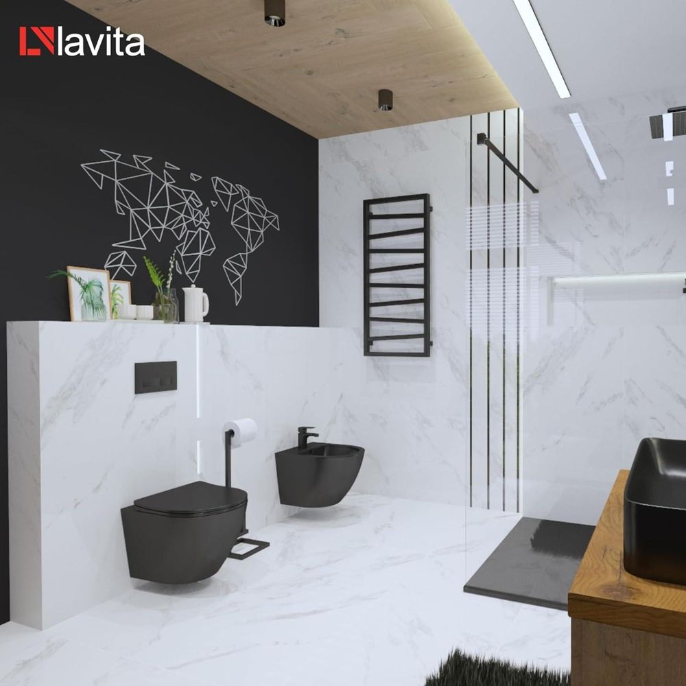 LAVITA Wand-WC Sinto Black | Hänge Toilette | Toilettendeckel mit Absenkautomatik & Metallscharniere | Toiletten Spülrandlos Hängend | Spülsystem TORNADO 3.0 | Toilettenbecken | Schwarz