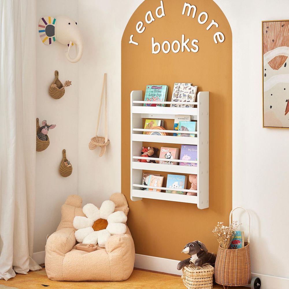 SoBuy Kinderregal Bücherregal für Kinder Wandregal Hängeregal Aufbewahrungsregal mit 4 Ablagen für Bücher und Deko weiß BHT ca.: 60x80x12cm KMB08-K-W