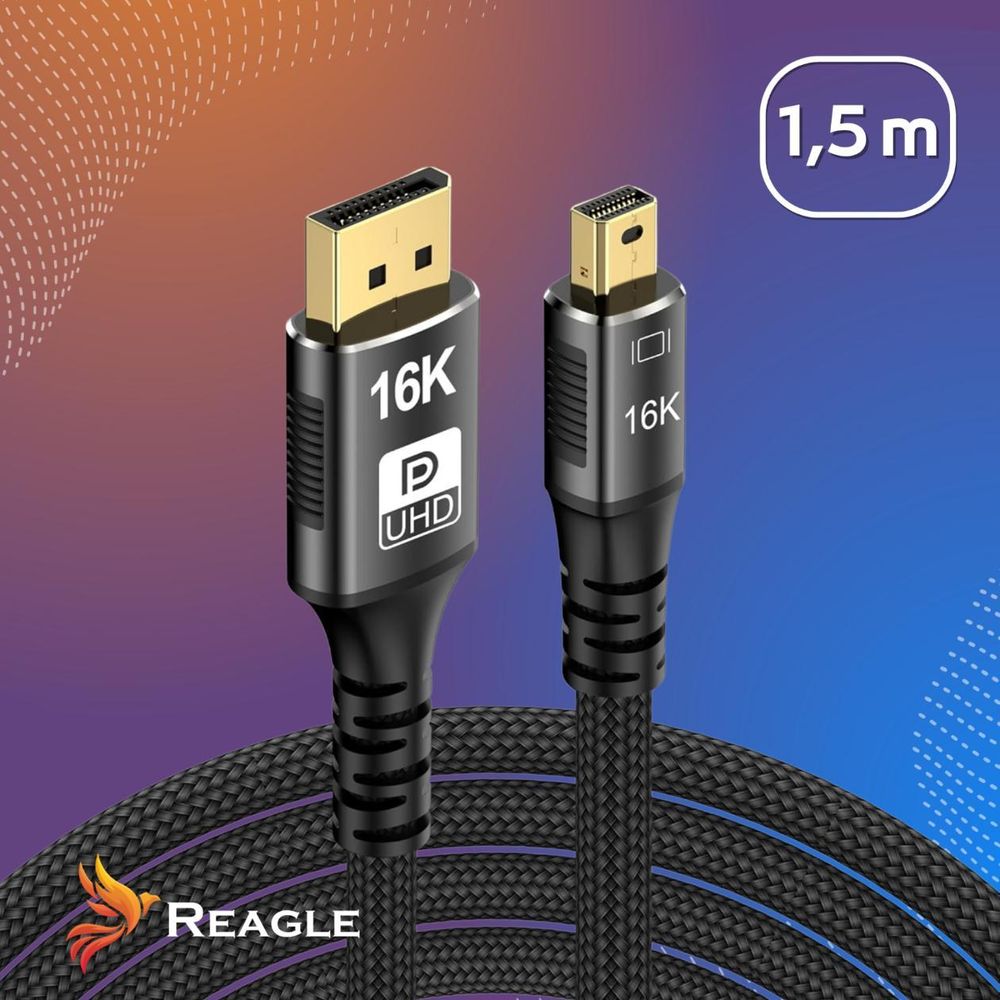 Mini DP zu DP 2.1 Kabel 1.5m Reagle Bidirektionales Mini DisplayPort auf DisplayPort Kabel 16K 8K 4K 240Hz 80Gbps Gaming Monitor Laptop PC Nylon