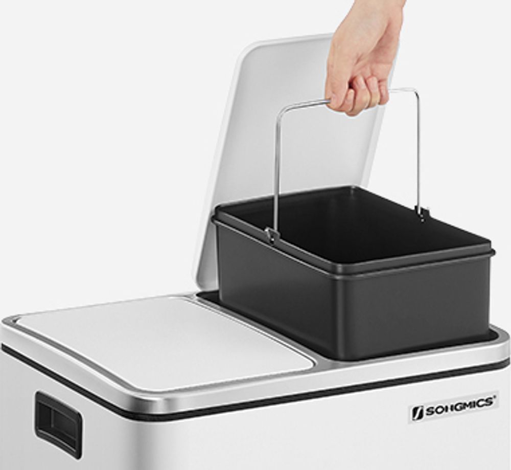 SONGMICS Mülleimer Küche, 2 x 15 L, Mülltrennsystem, Abfalleimer aus Metall, Treteimer mit Inneneimern und Griffen, Mülltrennung, Softclose, luftdicht, weiß LTB30WT