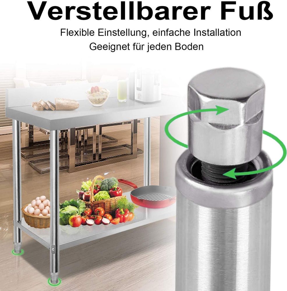 TWOLIIN Edelstahl Arbeitstisch mit Aufkantung 100 x 60 x 85 cm Edelstahltisch Küchentisch mit Verstellbare Füße, Küche Tisch Zerlegetisch mit extra großer unteren Ablagefläche