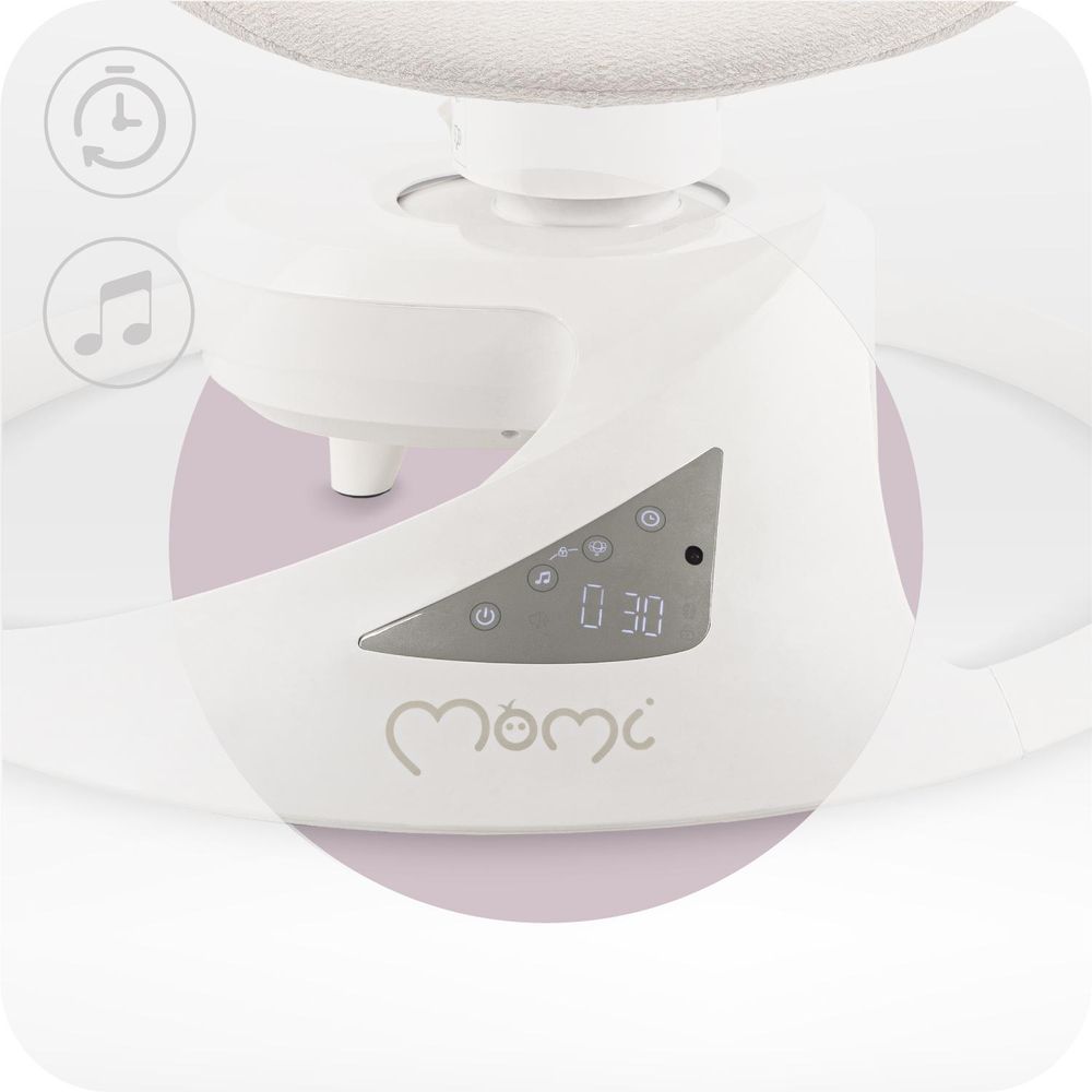 MoMi PEARL – Babywippe mit Bluetooth, 360° Sitzdrehung, 2 Modi, Nummern‑Panel – Grau